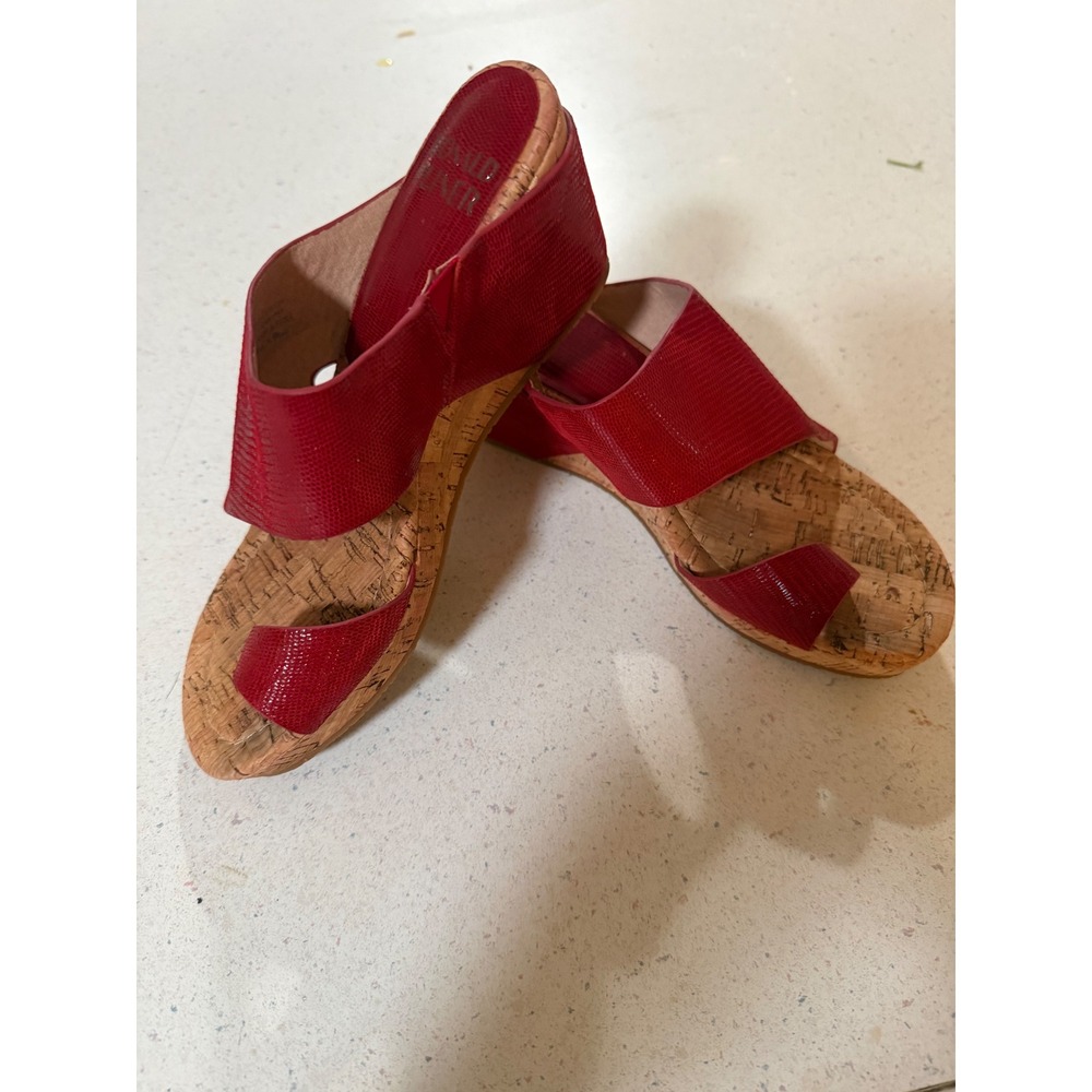 Donald Pliner Gretta Iguana Embossed Red Leather Cork Wedge Sandals 6.5 M